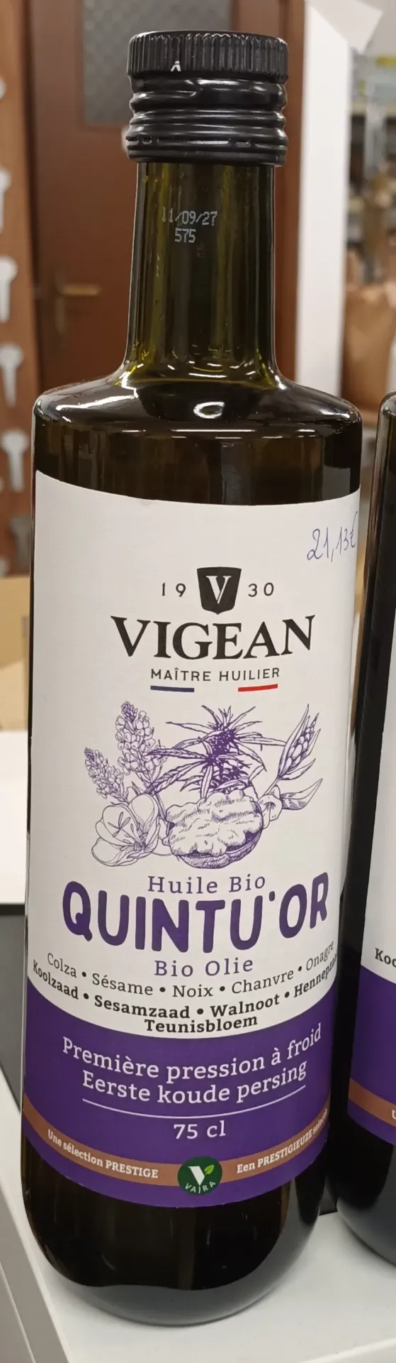 Huile quintuor (colza, sésame, noix, chanvre et onagre) 750 ml